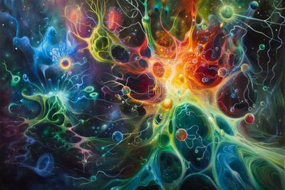 Kosmische Opaleszenz: Abstrakte Darstellung von Neuronen und Galaxien